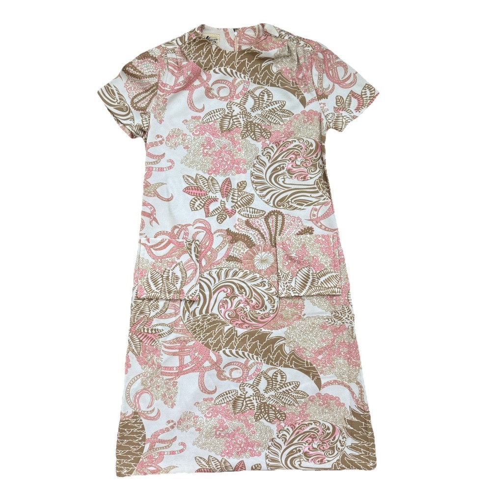 Vintage 60s Herman Marcus Sheath Dress Womens Medium Pink Floral Mod Preppy